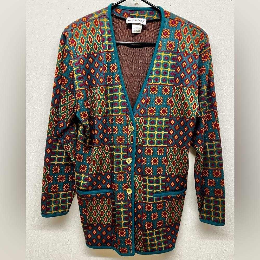 Vintage Eccobay Half Front 5 Button Colorful Eclectic Cardigan Size S